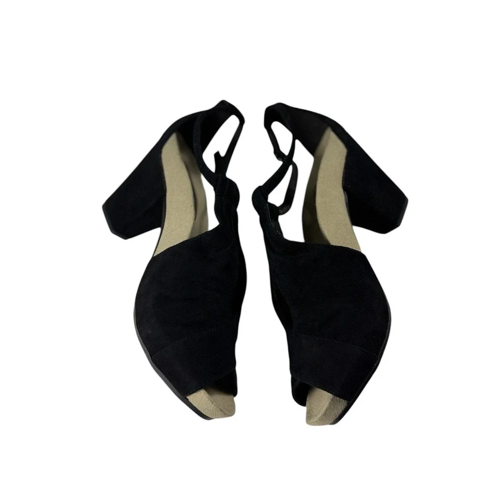 Earthies Veria Black Kid Suede Peep Toe Block Heel Sandals Womens 10B 800022WSDE